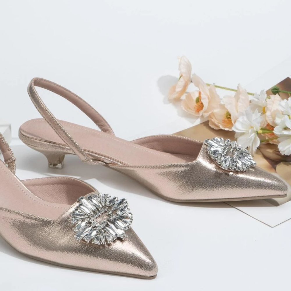 Rhinestone Decor Point Toe Kitten Heeled Slingback Pumps
